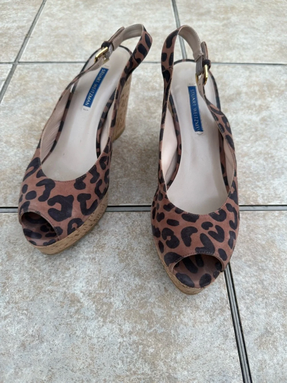 Stuart Weitzman Leopard Print Brown Cork Wedge Slingbacks - Picture 3 of 15